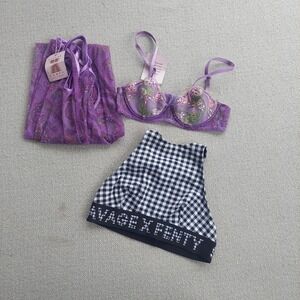 Savage X Fenty Lingerie Set Women M Purple Paisley Floral Mesh Bra Leggings NWT